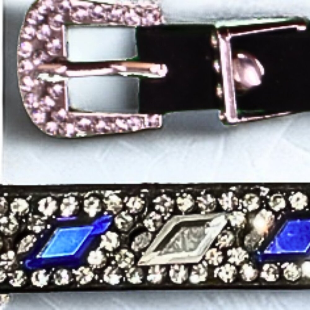 Black Leather Western Style Hat Band with Blue and Clear Diamond Shaped Crystals